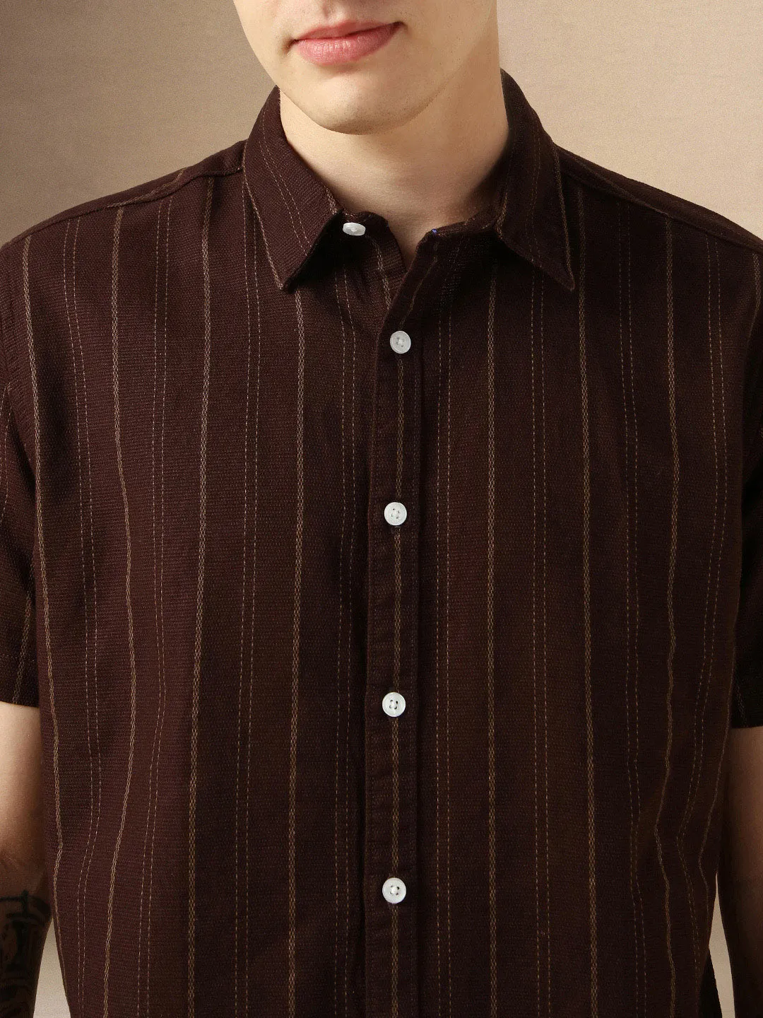 Men's Maroon Cotton Dobby Spread Collar Half Sleeves Striped Shirt