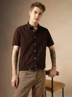 Men's Maroon Cotton Dobby Spread Collar Half Sleeves Striped Shirt