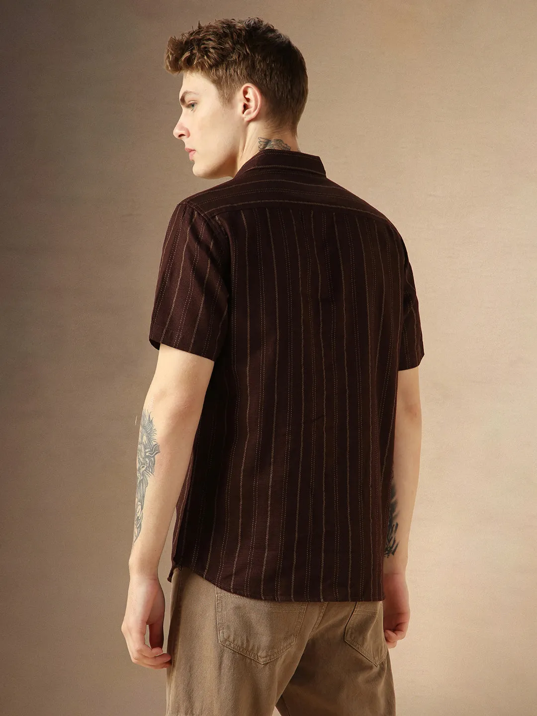 Men's Maroon Cotton Dobby Spread Collar Half Sleeves Striped Shirt