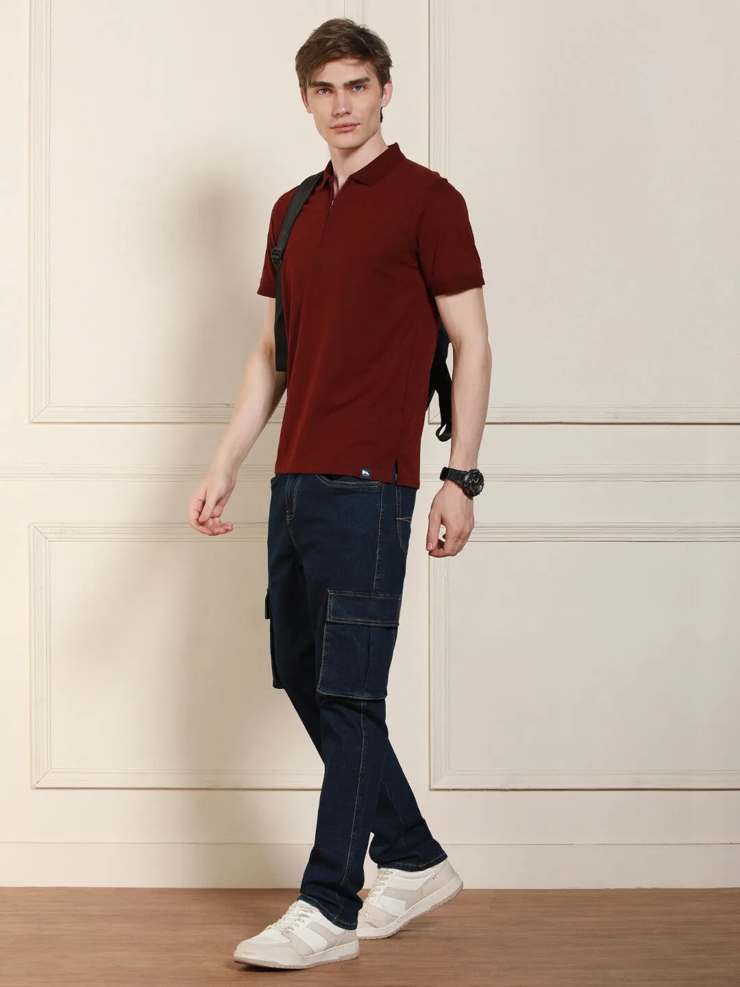 Men's Maroon Solid Polo Collar Half Sleeves Casual T-Shirt