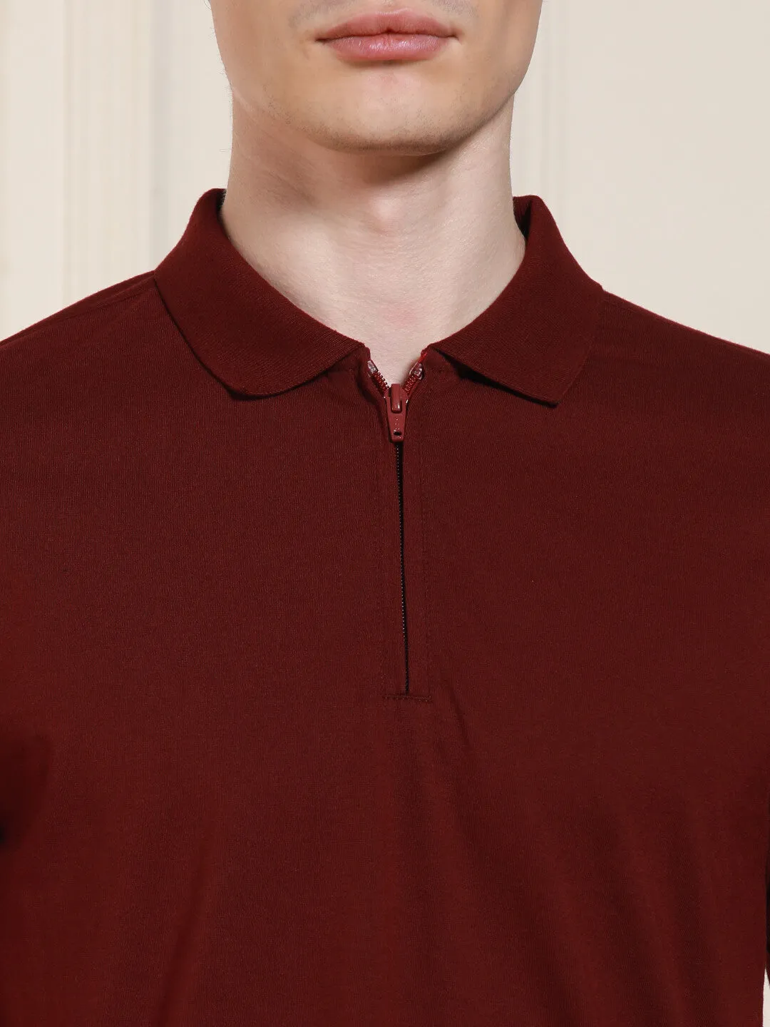 Men's Maroon Solid Polo Collar Half Sleeves Casual T-Shirt