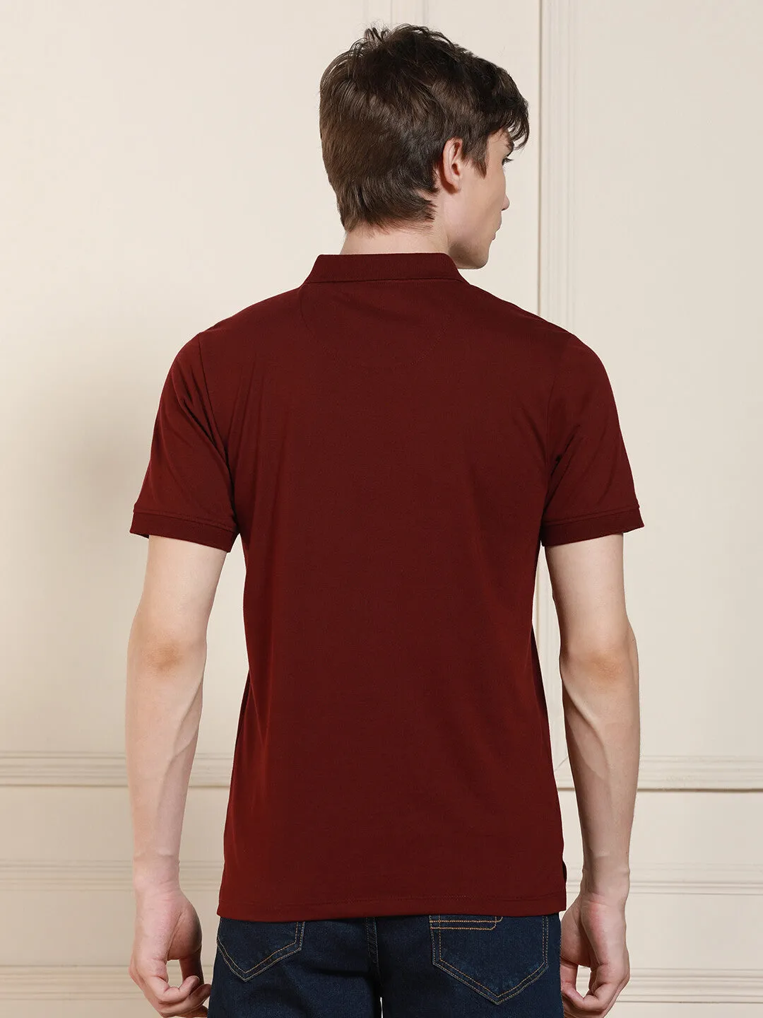 Men's Maroon Solid Polo Collar Half Sleeves Casual T-Shirt