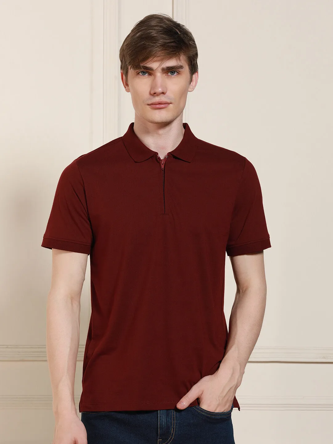 Men's Maroon Solid Polo Collar Half Sleeves Casual T-Shirt