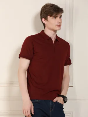 Men's Maroon Solid Polo Collar Half Sleeves Casual T-Shirt