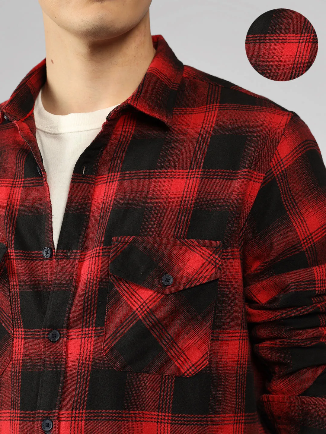 Men's Red Checks Spread Collar Full Sleeve Relaxed Fit Shirt