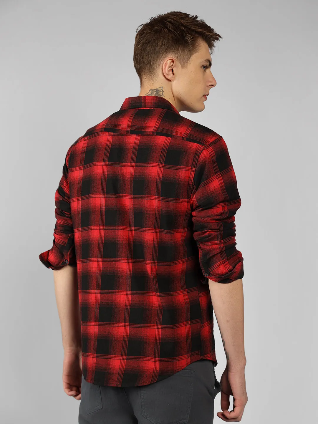 Men's Red Checks Spread Collar Full Sleeve Relaxed Fit Shirt