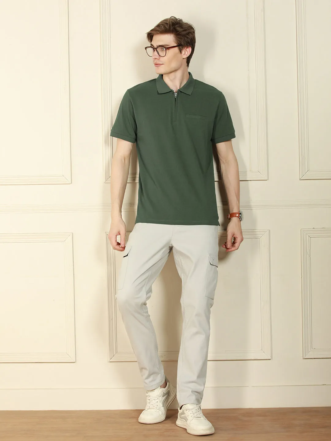 Men's Sage green Polo Collar Solid Cotton Poly T-Shirt