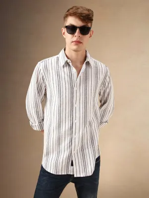 Men's White Striped Spread Collar Full Sleeves 100% Cotton Casual Shirt