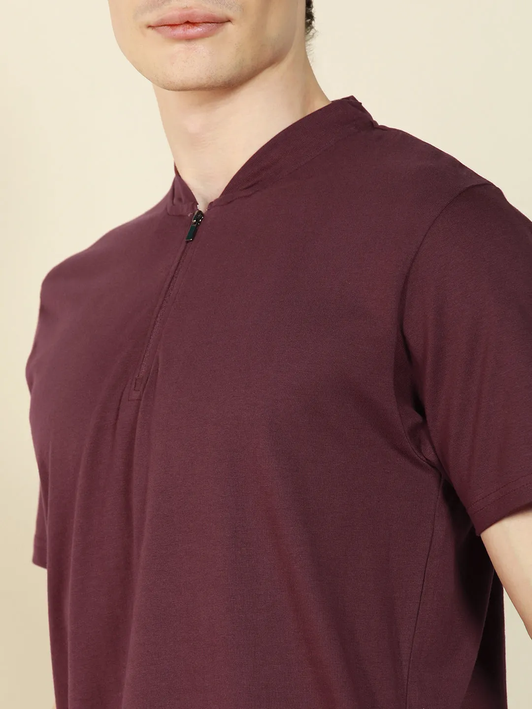 Men's Wine Henley Neck Solid Cotton T-Shirt