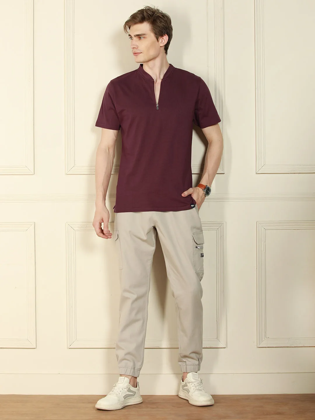 Men's Wine Henley Neck Solid Cotton T-Shirt