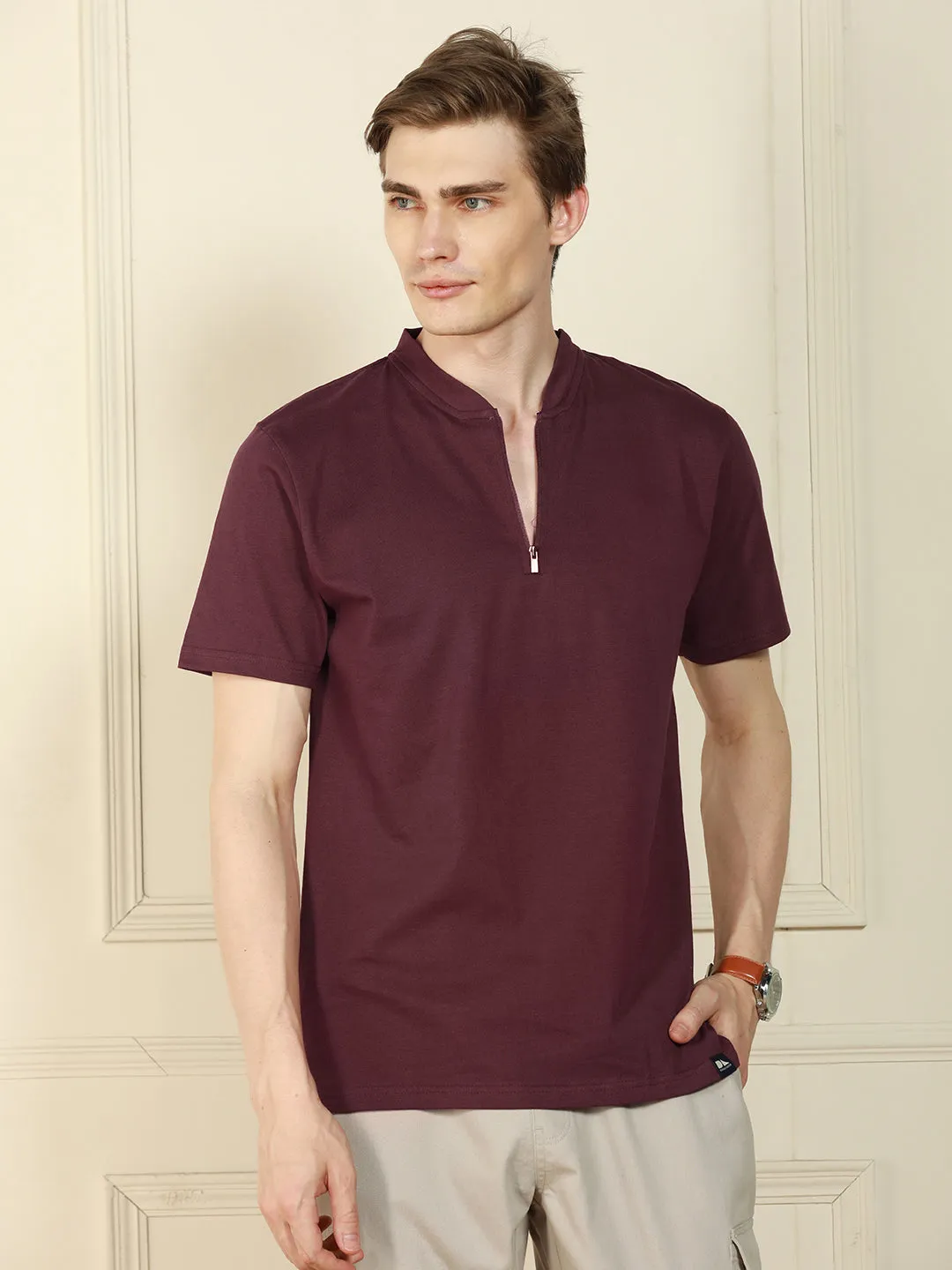 Men's Wine Henley Neck Solid Cotton T-Shirt