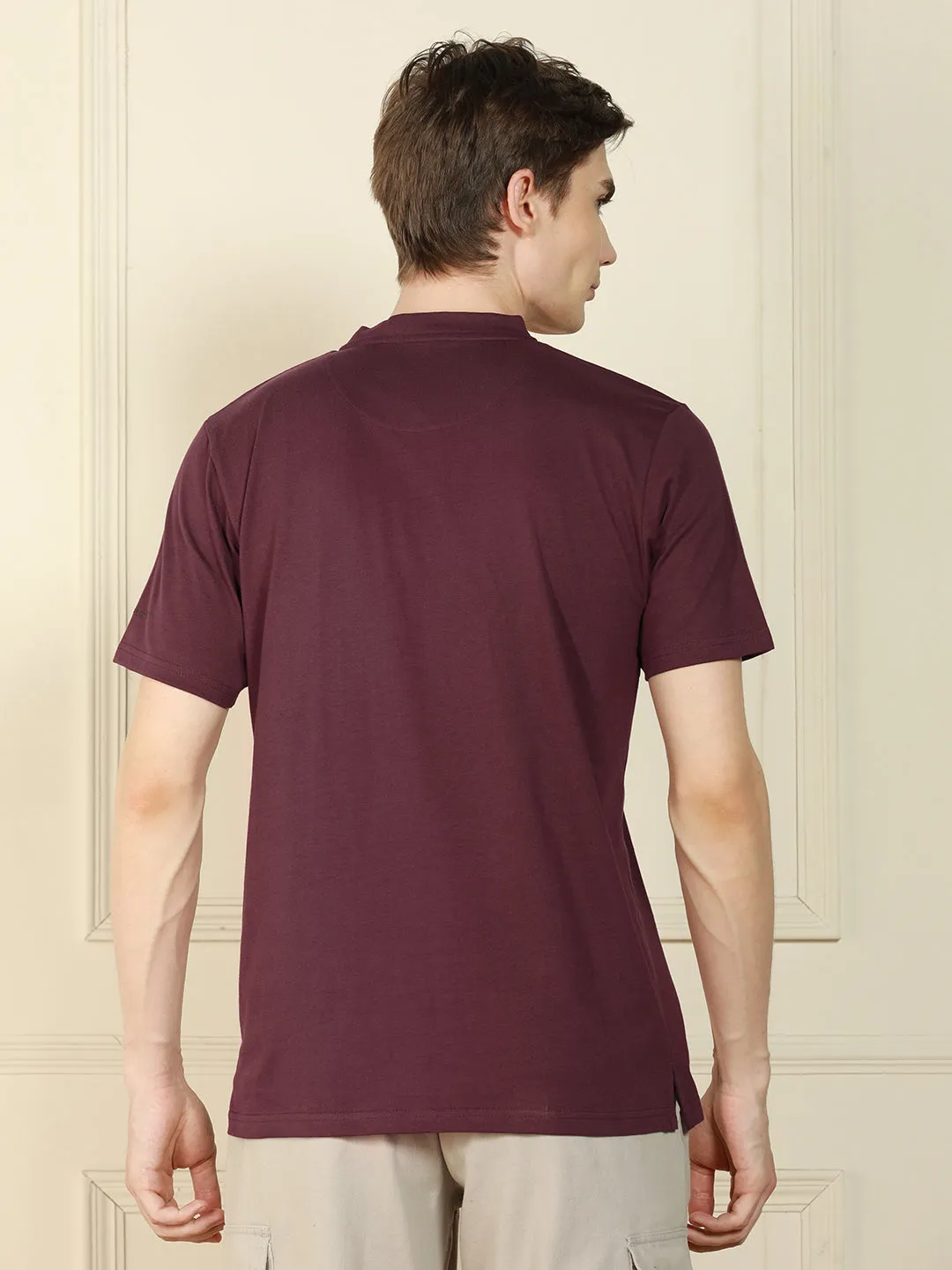 Men's Wine Henley Neck Solid Cotton T-Shirt