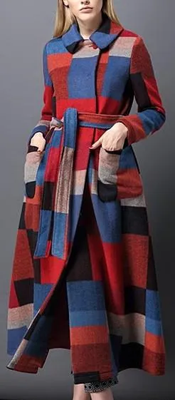 Multi Colored Geometric Print Long Wool Coat