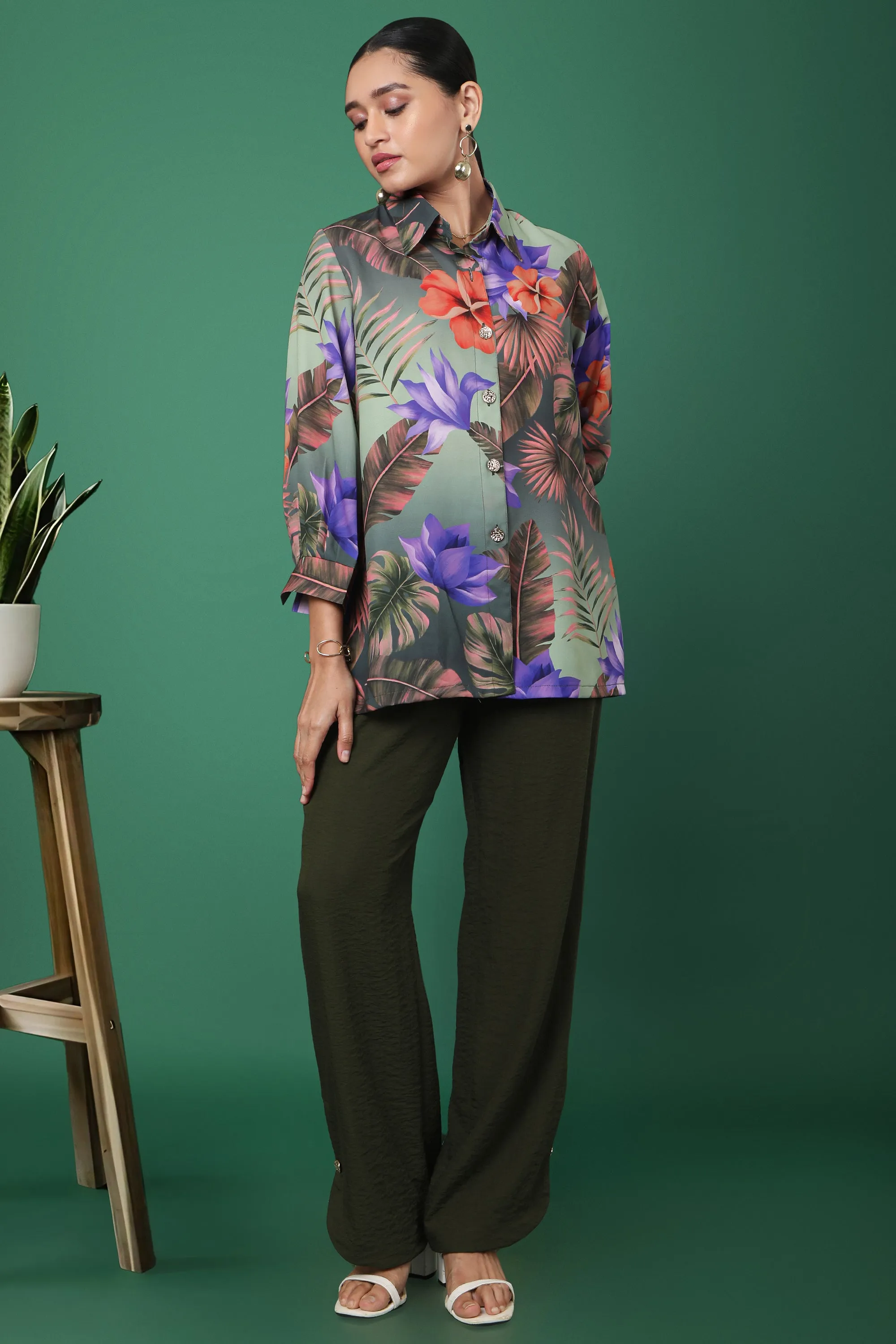 Olive Green Tropical Floral Print Shirt