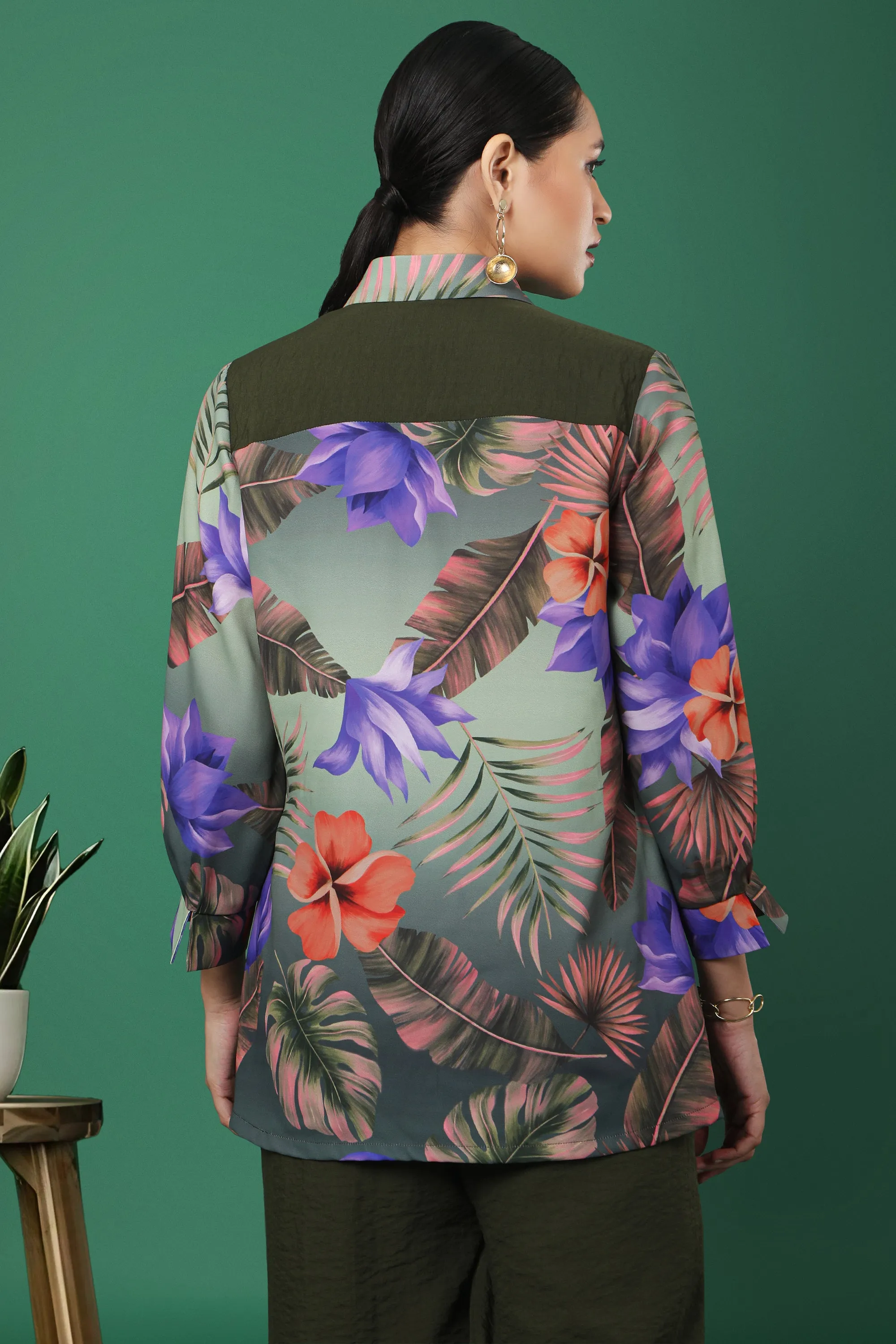 Olive Green Tropical Floral Print Shirt