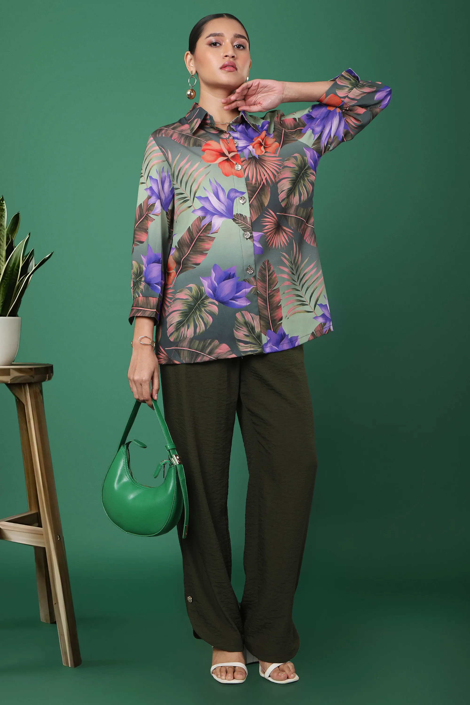 Olive Green Tropical Floral Print Shirt