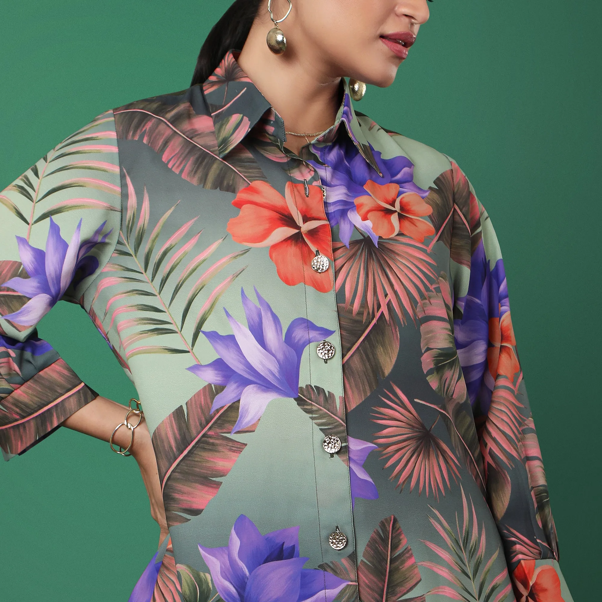 Olive Green Tropical Floral Print Shirt