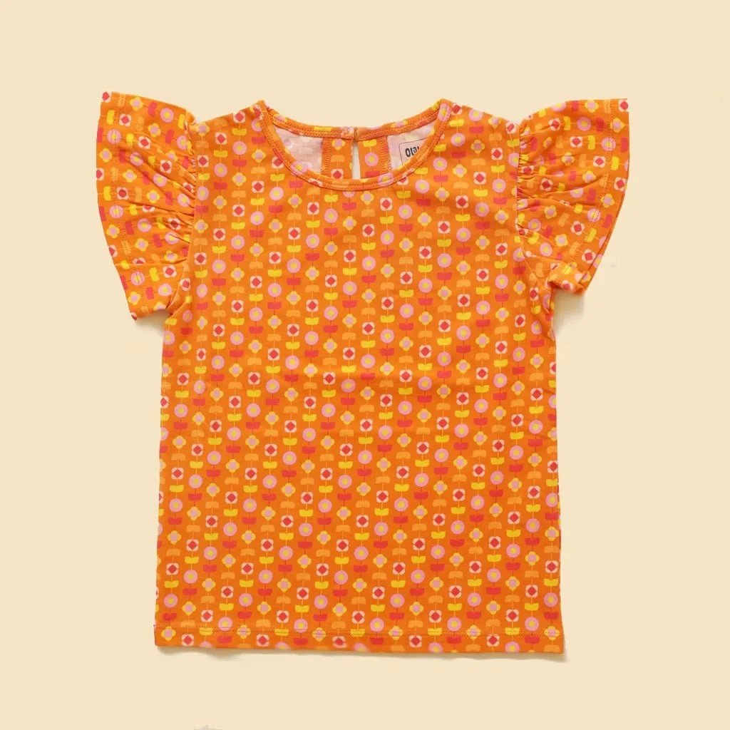 Organic Cotton Flutter Sleeve Top- Indian Flora Orange