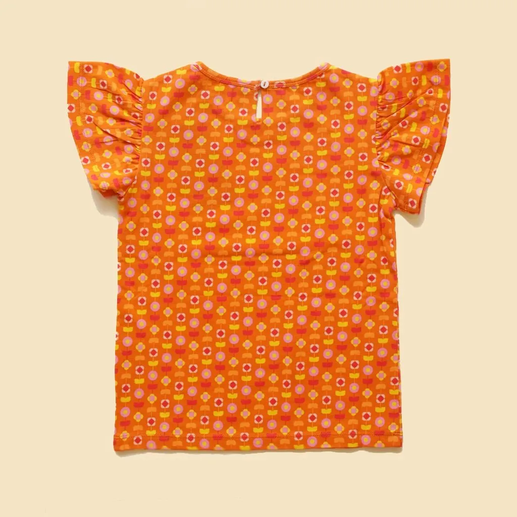 Organic Cotton Flutter Sleeve Top- Indian Flora Orange