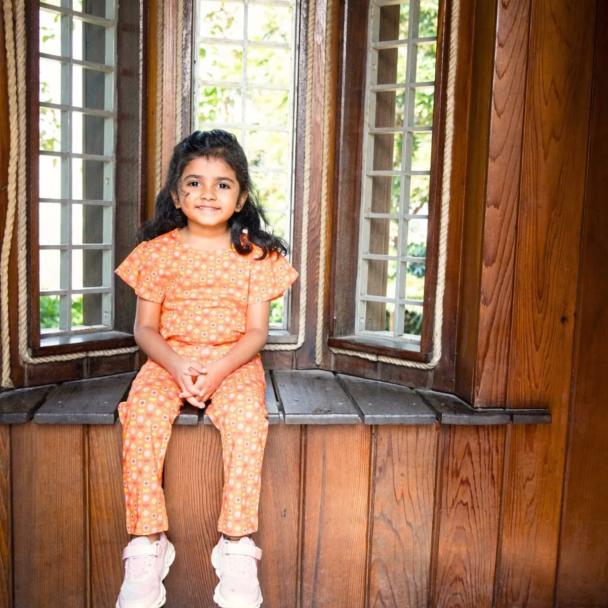 Organic Cotton Flutter Sleeve Top- Indian Flora Orange