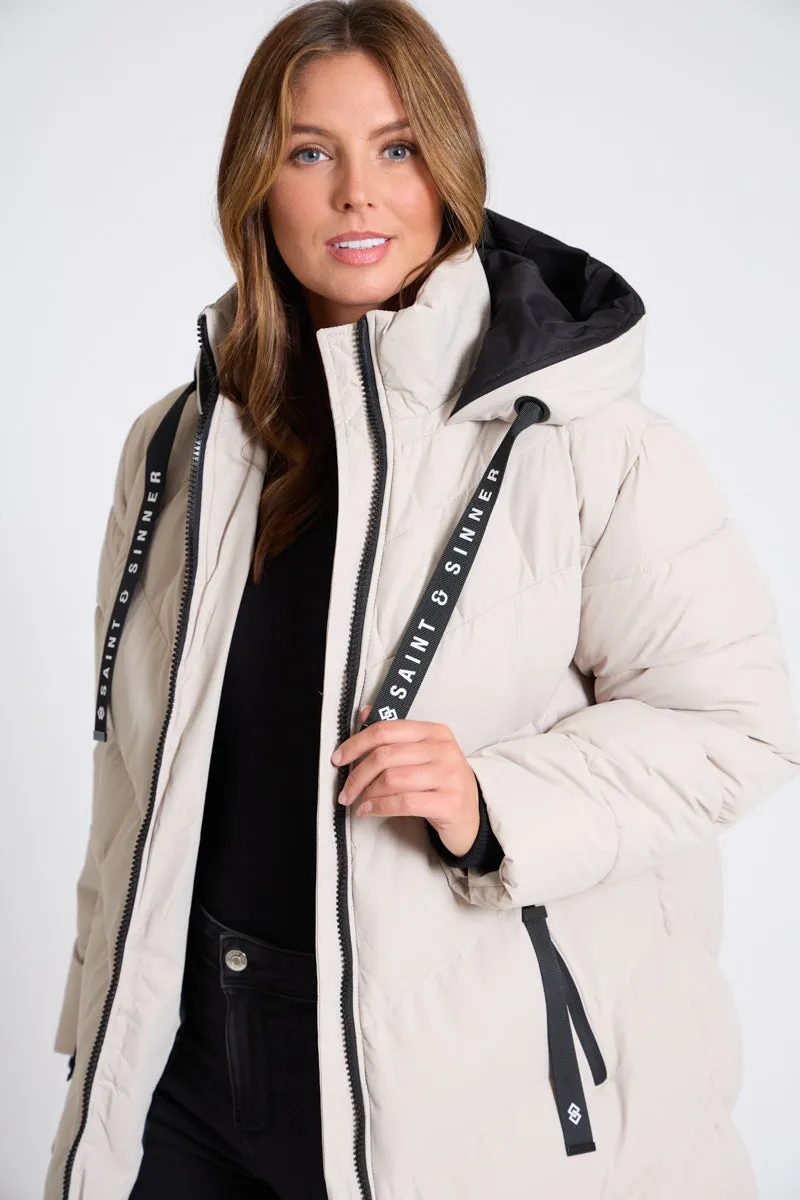 OYSTER HOODED PUFFER COAT WITH ZIP FRONT POCKETS