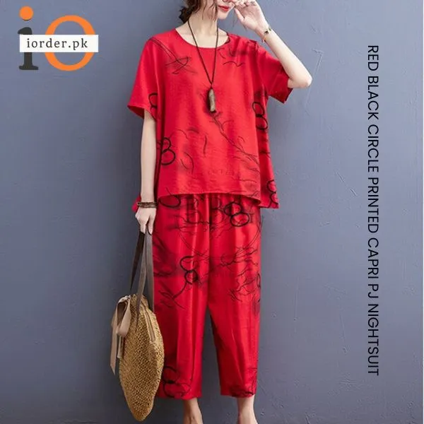 Red Black Circle Printed Capri PJ Nightsuit