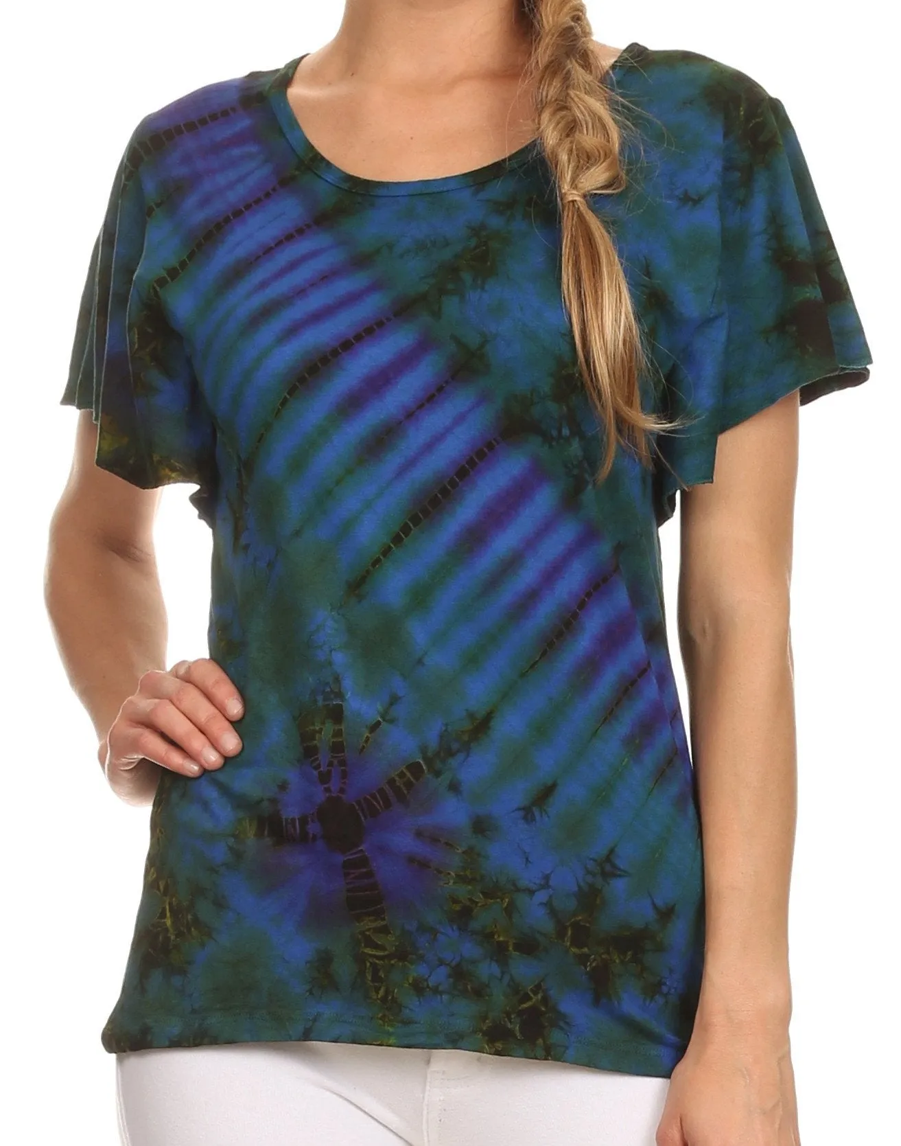 Sakkas Ina Tie Dye Scoop Neck Cap Sleeves Blouse/Top