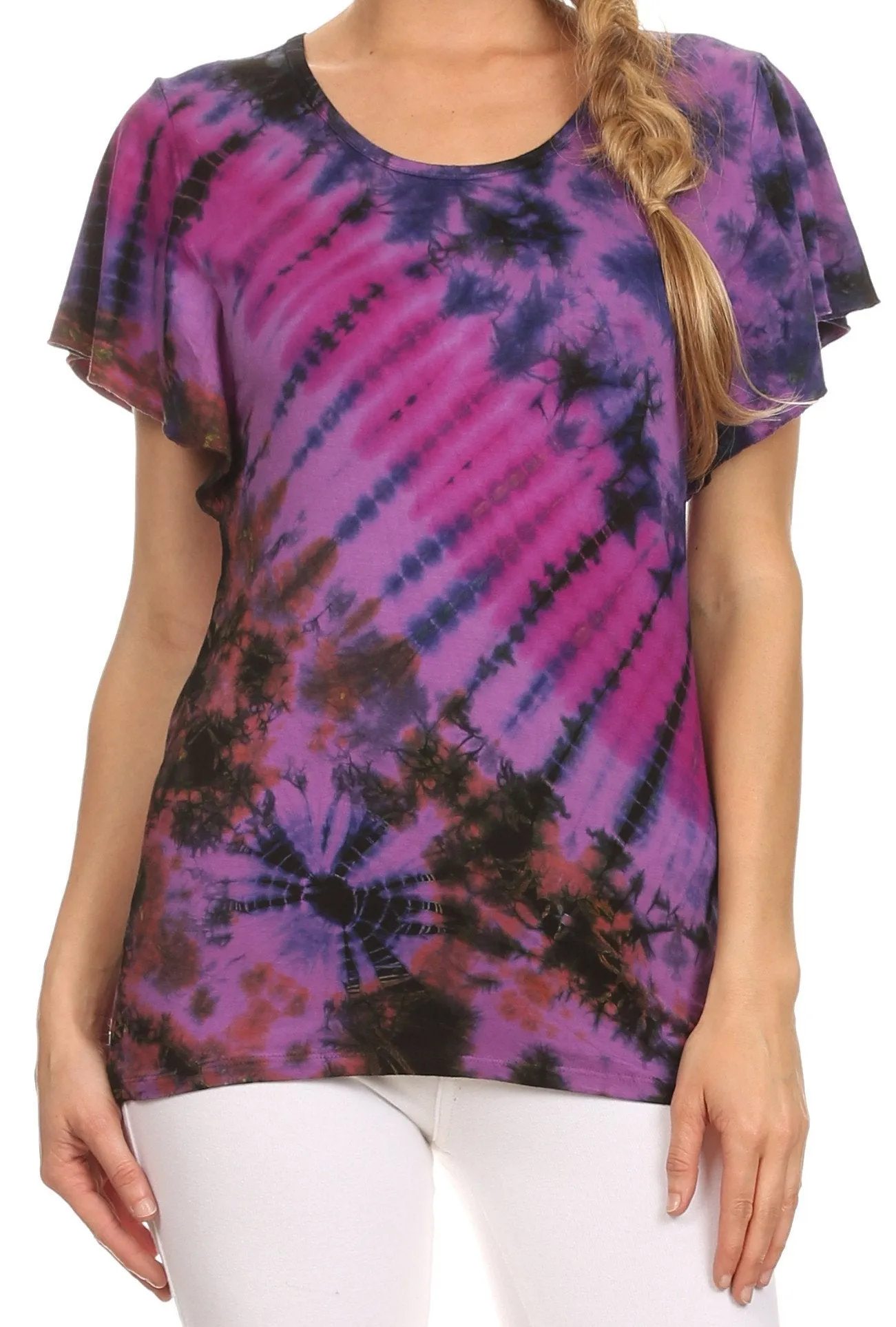 Sakkas Ina Tie Dye Scoop Neck Cap Sleeves Blouse/Top