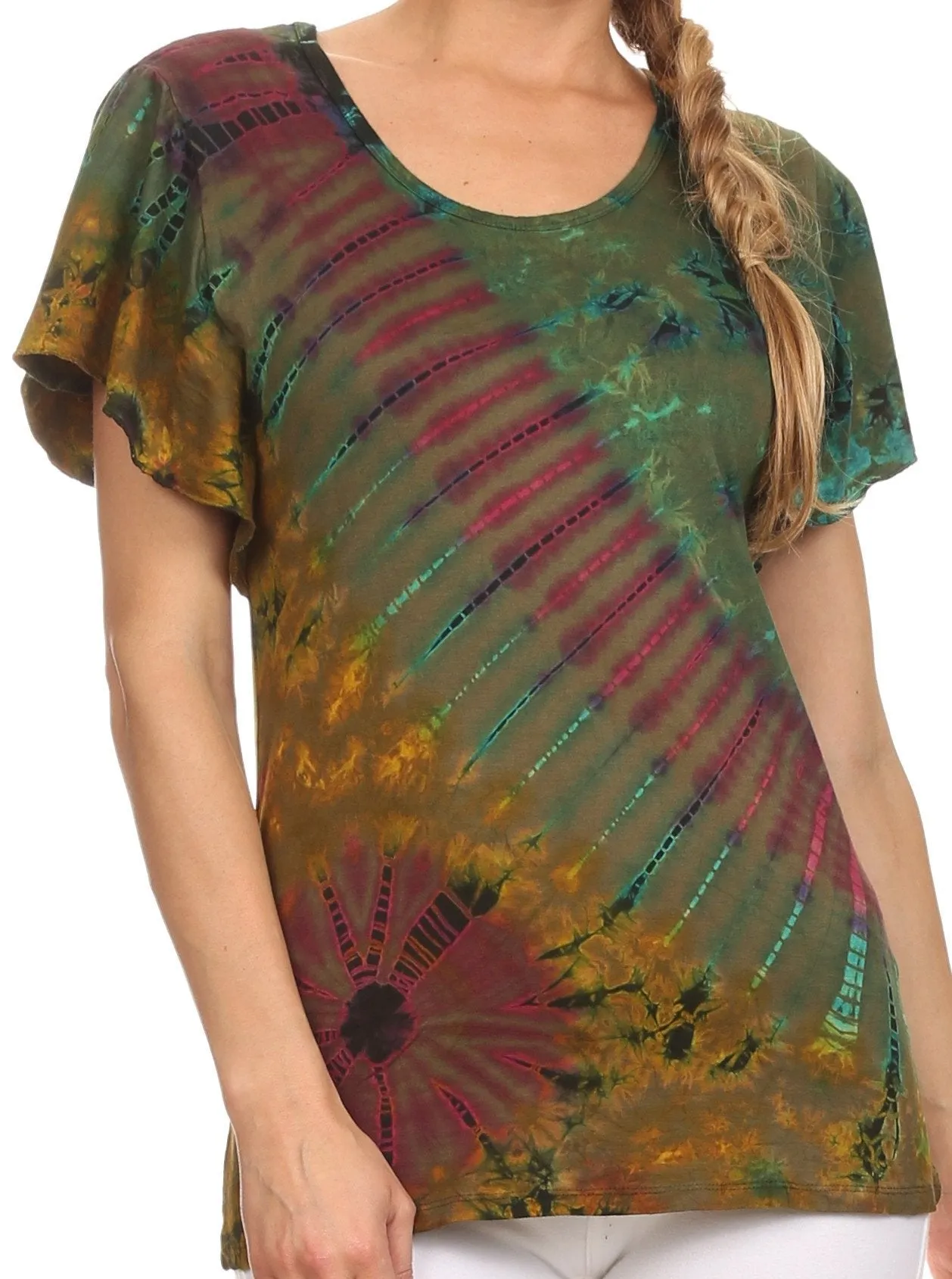 Sakkas Ina Tie Dye Scoop Neck Cap Sleeves Blouse/Top