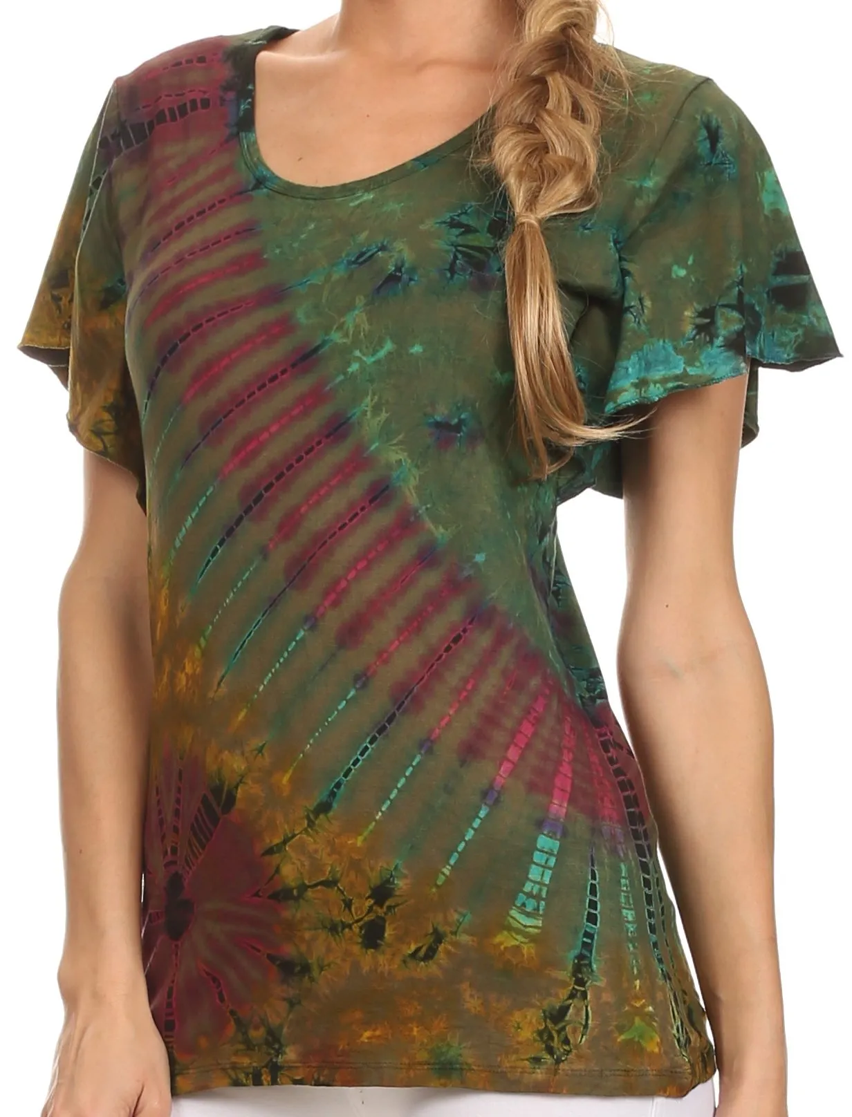 Sakkas Ina Tie Dye Scoop Neck Cap Sleeves Blouse/Top