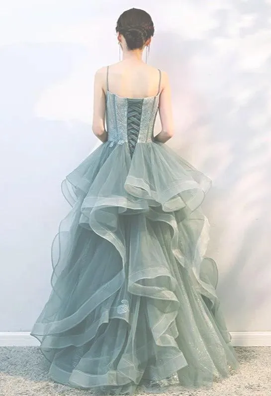 Spaghetti bodice fairytale dusty green ruffles prom dress