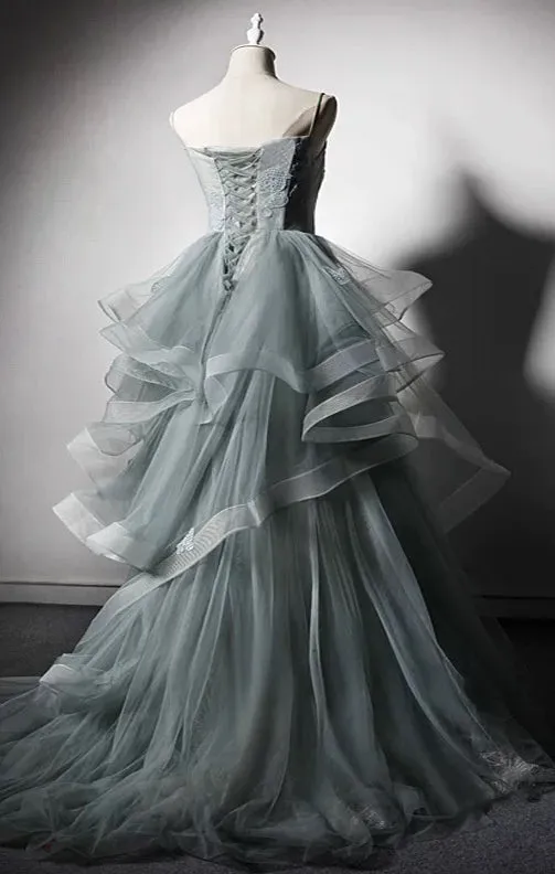 Spaghetti bodice fairytale dusty green ruffles prom dress