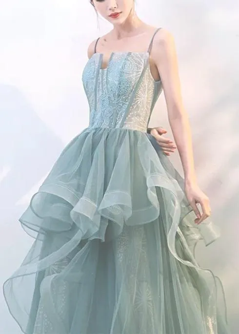 Spaghetti bodice fairytale dusty green ruffles prom dress