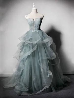 Spaghetti bodice fairytale dusty green ruffles prom dress