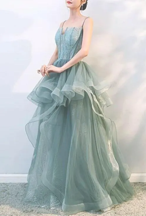 Spaghetti bodice fairytale dusty green ruffles prom dress