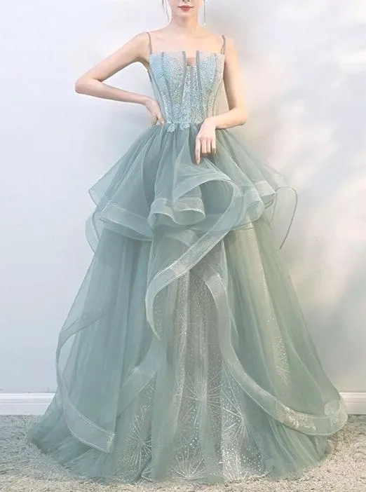 Spaghetti bodice fairytale dusty green ruffles prom dress