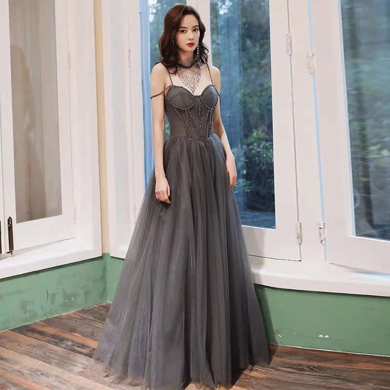 spaghetti straps dusty blue black pink and brown tulle prom dress