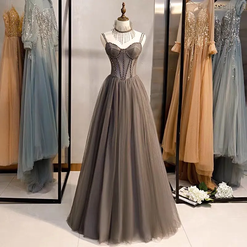 spaghetti straps dusty blue black pink and brown tulle prom dress