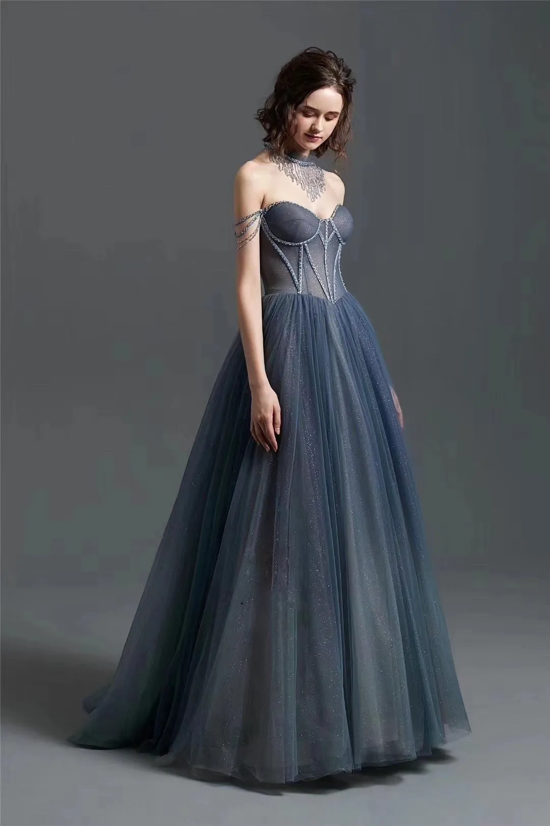 spaghetti straps dusty blue black pink and brown tulle prom dress