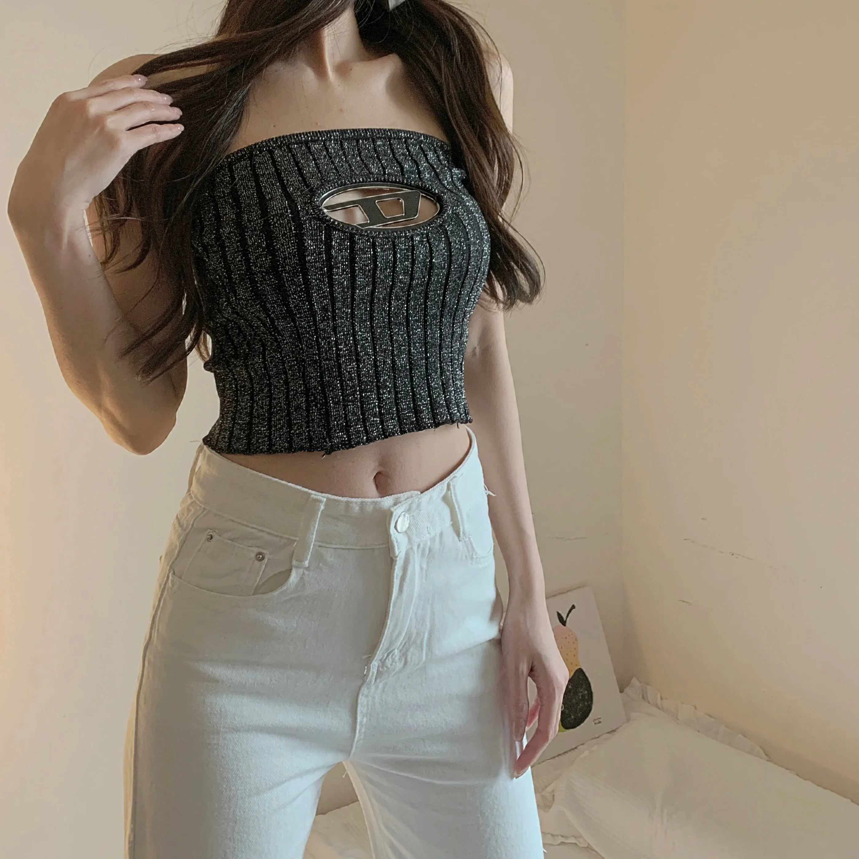 Uniwim Sexy Hollow Out Tube Top Standard Yarn Knitted Crop Top Women Out Wear Tank Top