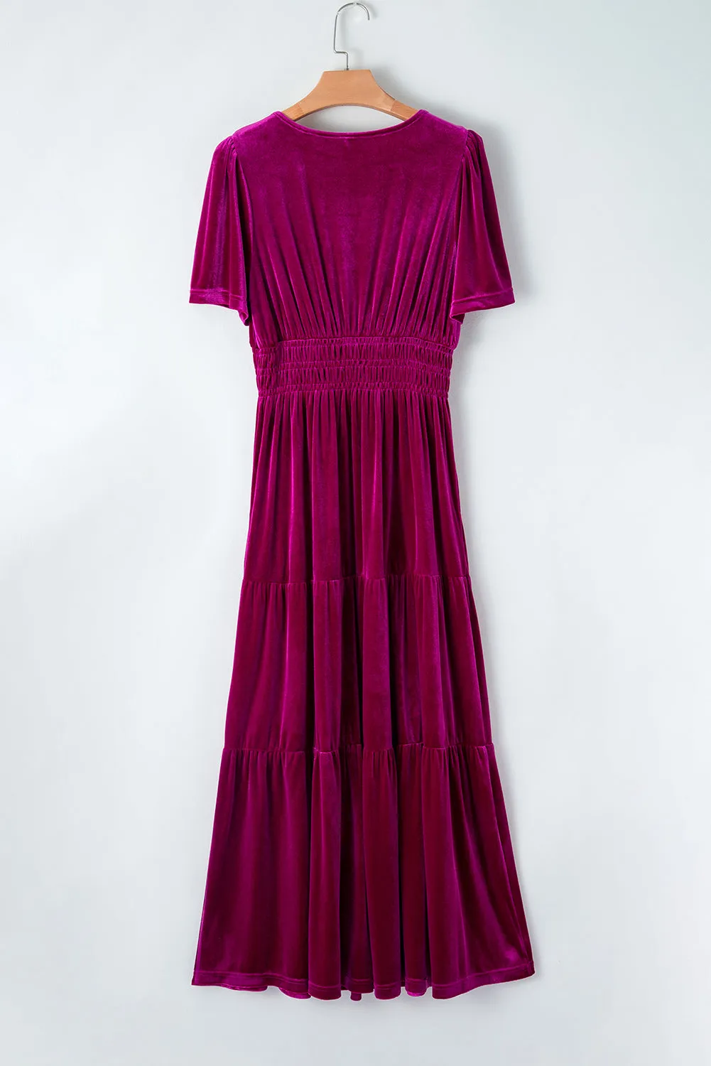 Velvet Shirred Waist Tiered Maxi Dress