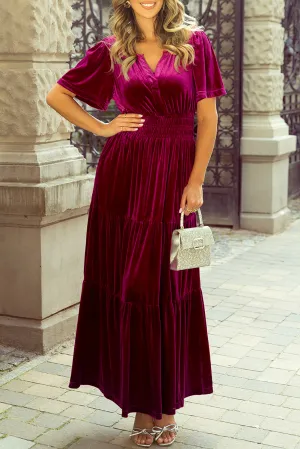 Velvet Shirred Waist Tiered Maxi Dress