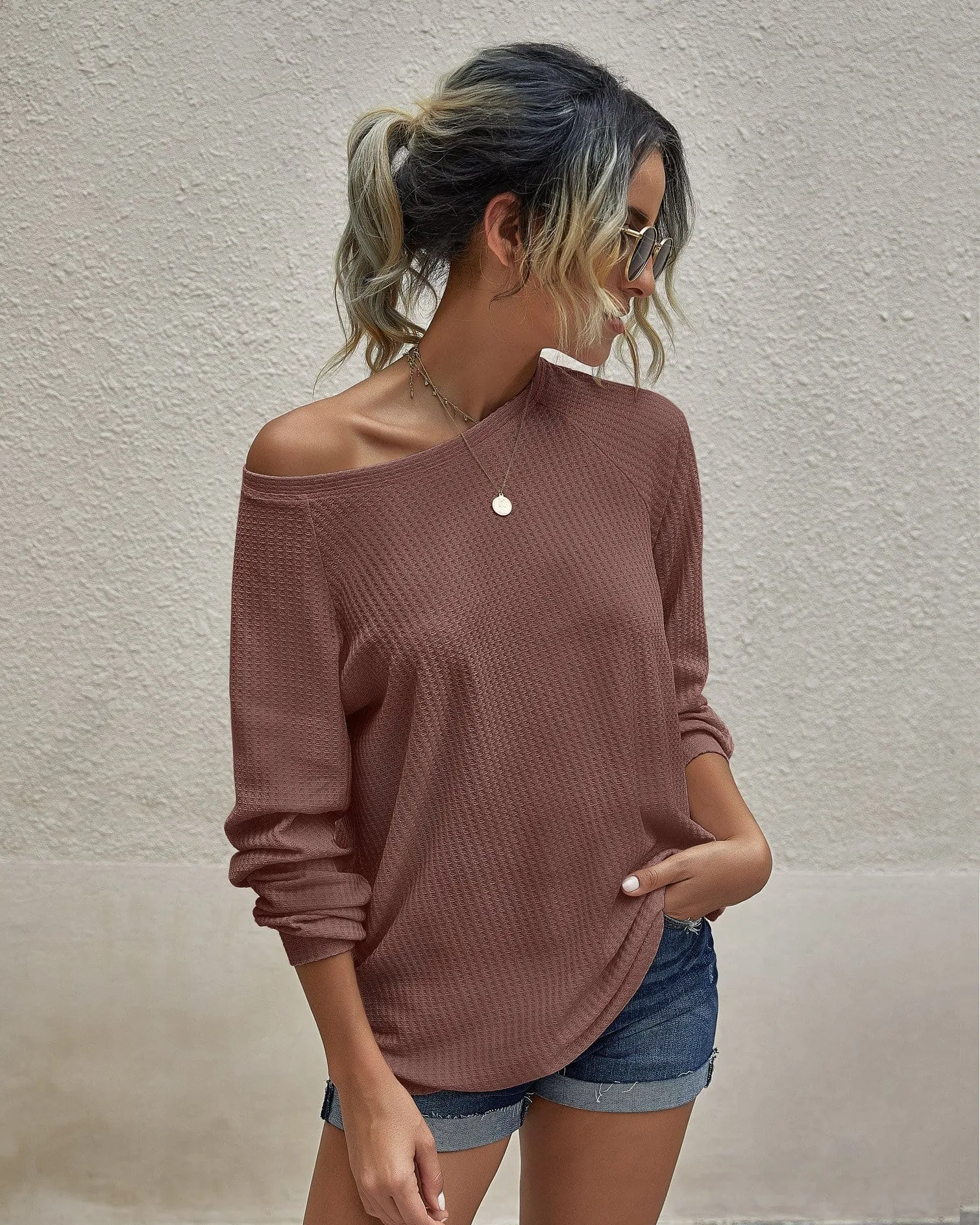 Waffle Knit Raglan Sleeve Sweater