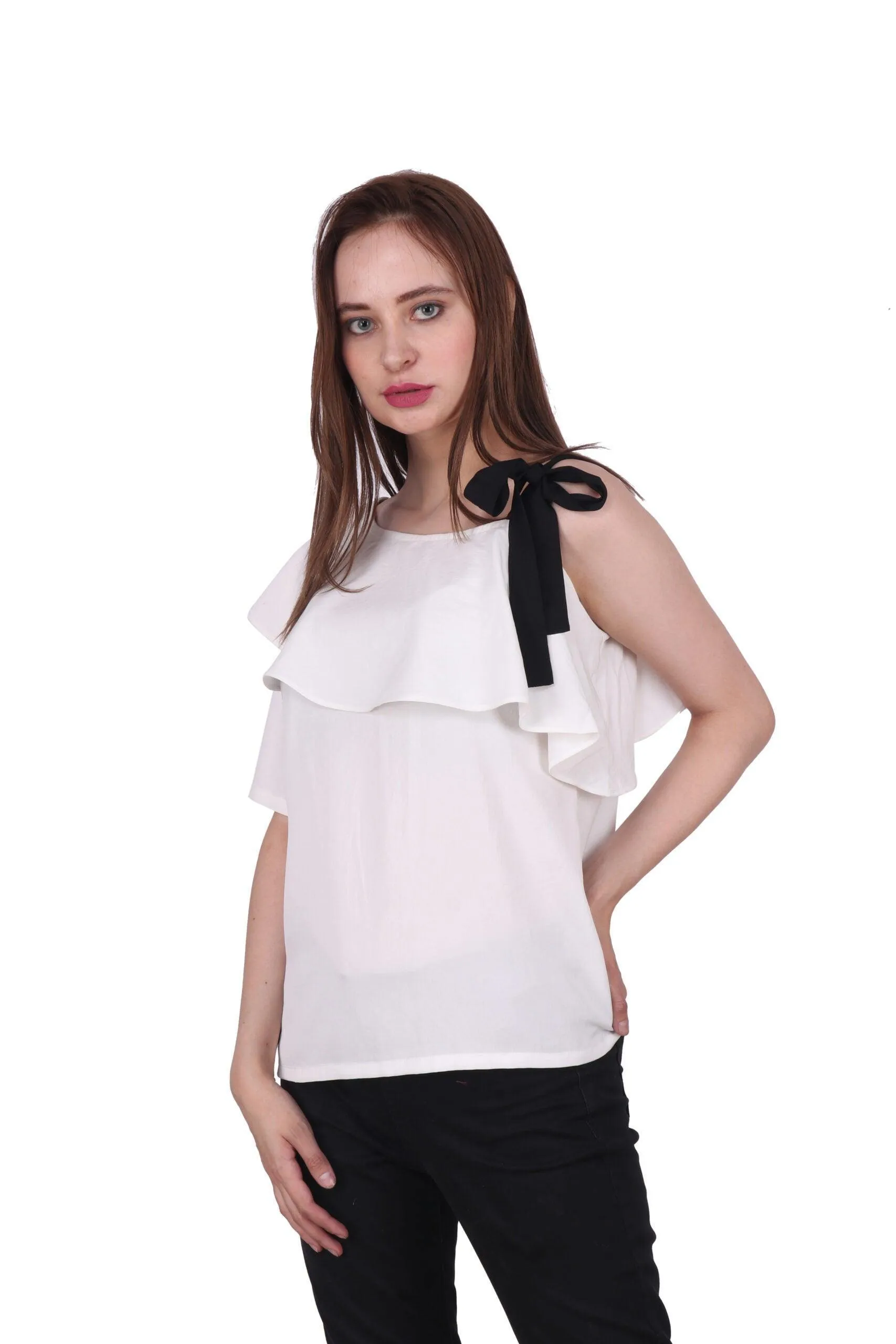 White Solid Top with Shoulder Tie