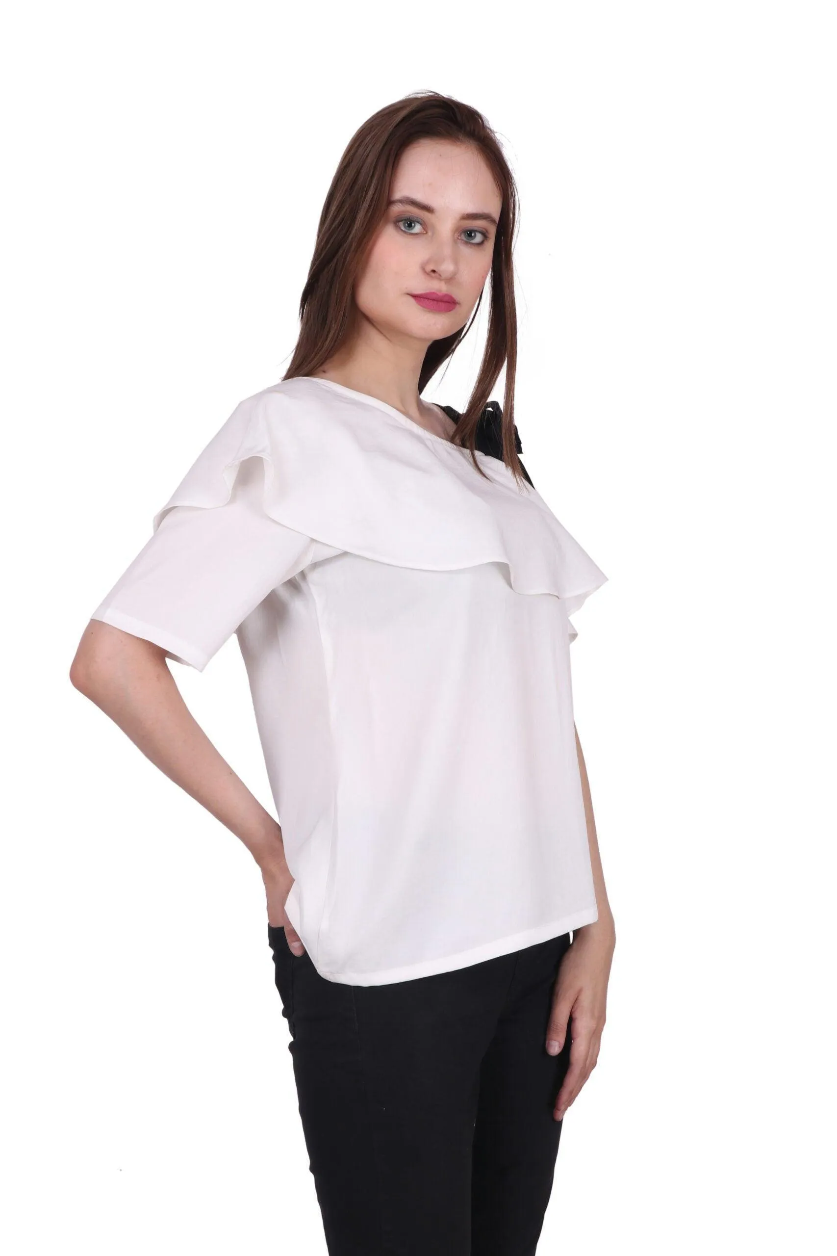 White Solid Top with Shoulder Tie