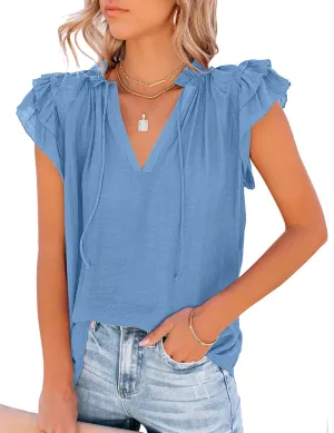 Women's Casual V Neck Short Tiered Ruffle Cap Sleeve Loose Blouses